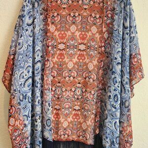 Red white blue Patriotic kimono cover-up Beachy Fringe Cruise Resort Wear USA XL